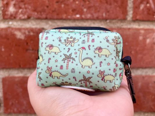Christmas Dinos Poop Bag Holder – Mint Green Dinosaur Holiday Print – Recycled Waste Bag Dispenser