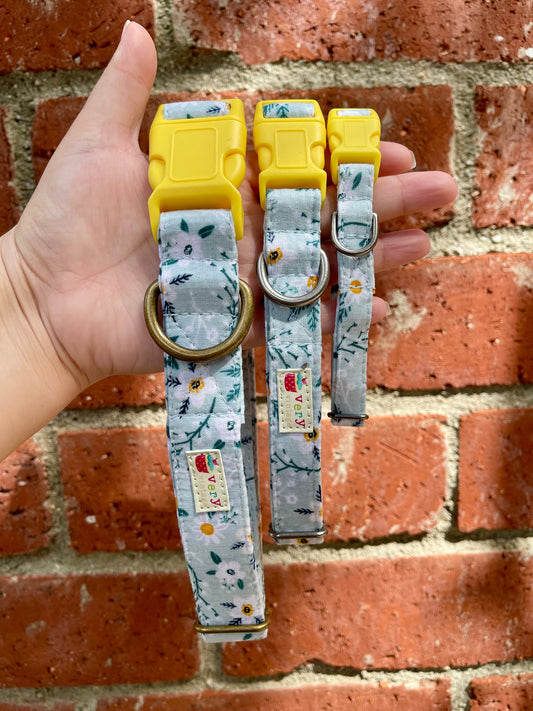 Dogwood – Soft Floral Dog & Cat Collar – Gray with White & Yellow Flowers – Organic Cotton – Handmade in the USA