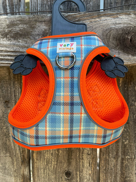 Murphy Dog Harness – Blue & Orange Plaid – No Pull Vest for Small Dogs & Cats