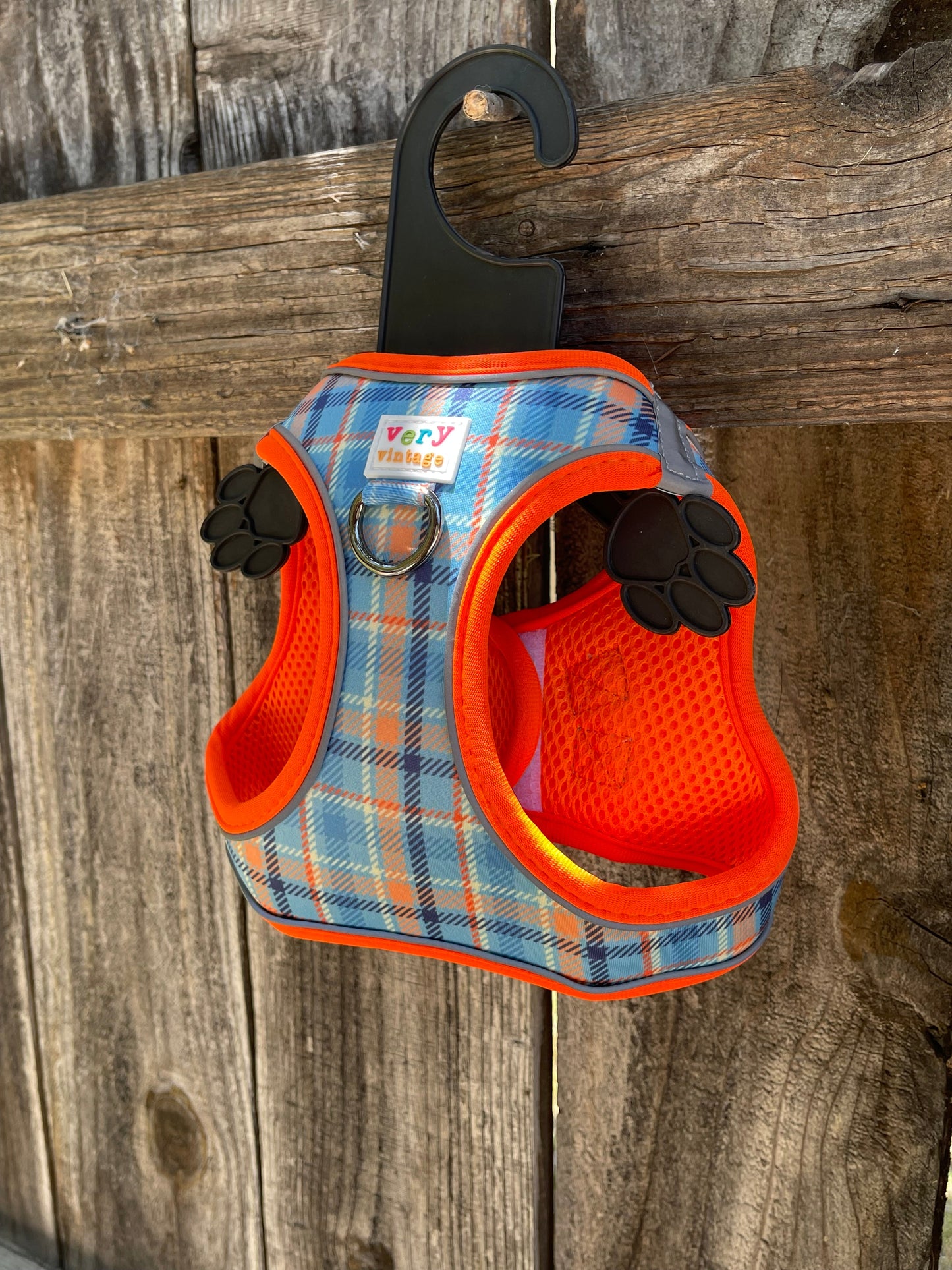 Murphy Dog Harness – Blue & Orange Plaid – No Pull Vest for Small Dogs & Cats