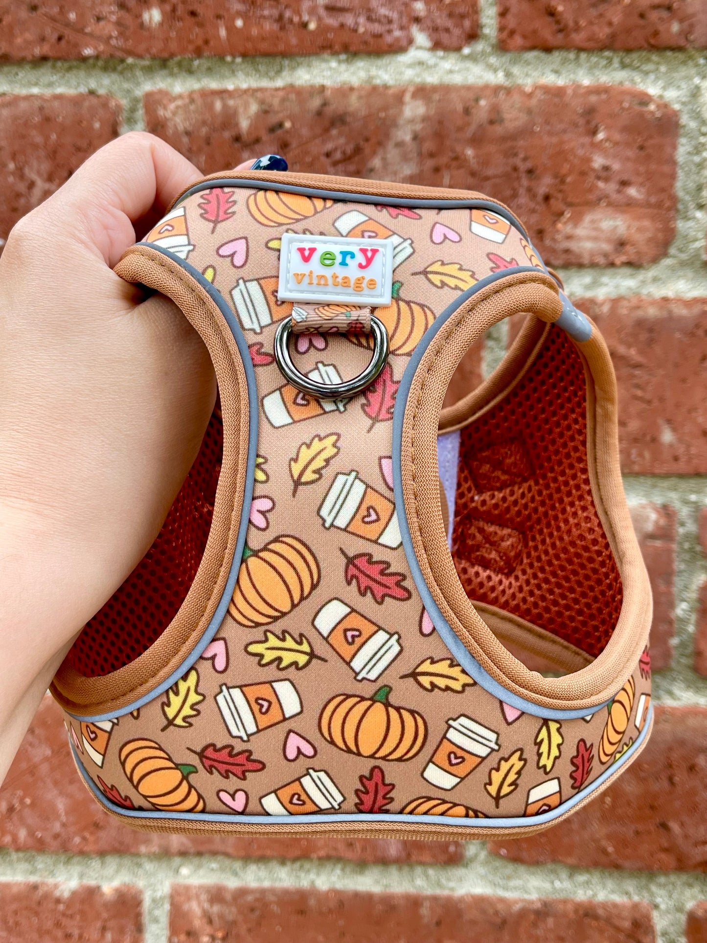Pumpkin Spice Latte Dog Harness – Fall Coffee Print – No Pull Vest for Small Dogs & Cats