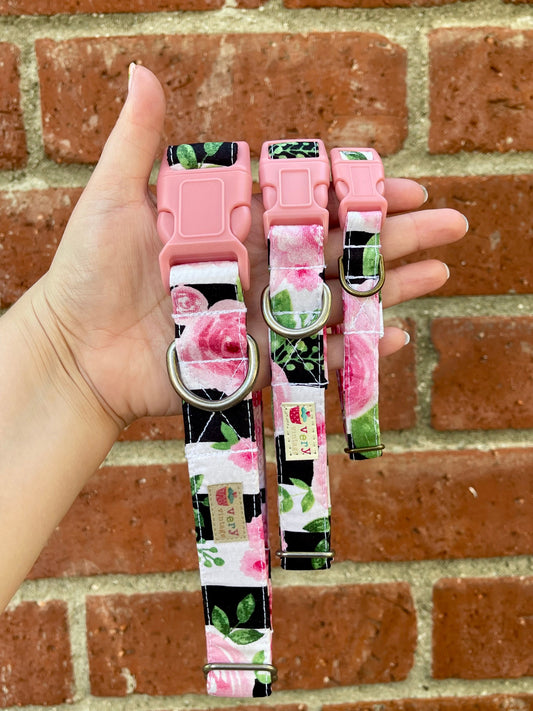 Rose Garden – Pink Floral Dog & Cat Collar – Vintage Stripes – Organic Cotton – Handmade in the USA