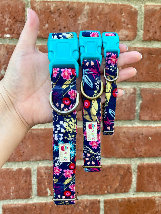 Wanderlust – Floral Dog & Cat Collar – Bright Wildflowers on Navy – Organic Cotton – Handmade in the USA