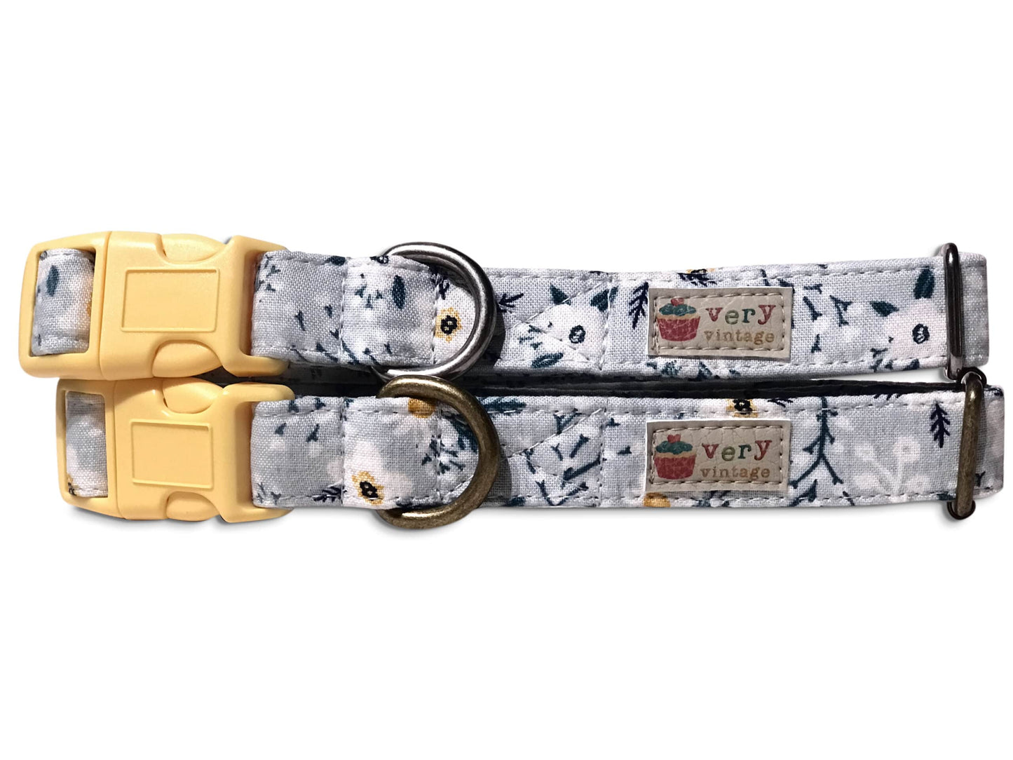 Dogwood – Soft Floral Dog & Cat Collar – Gray with White & Yellow Flowers – Organic Cotton – Handmade in the USA