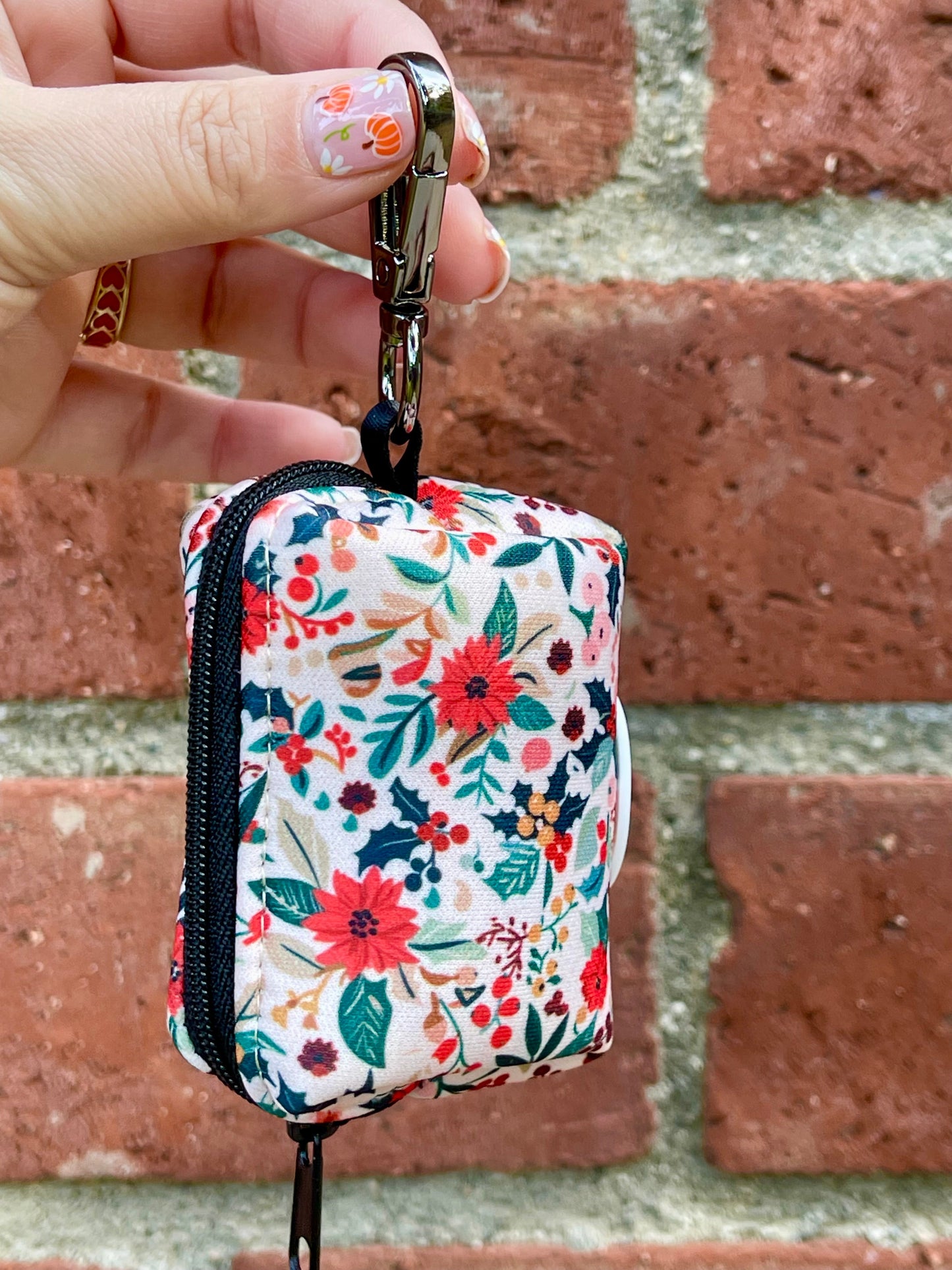 Holiday Floral Dog Poop Bag Holder – Winter Botanical Print – Recycled Waste Bag Dispenser