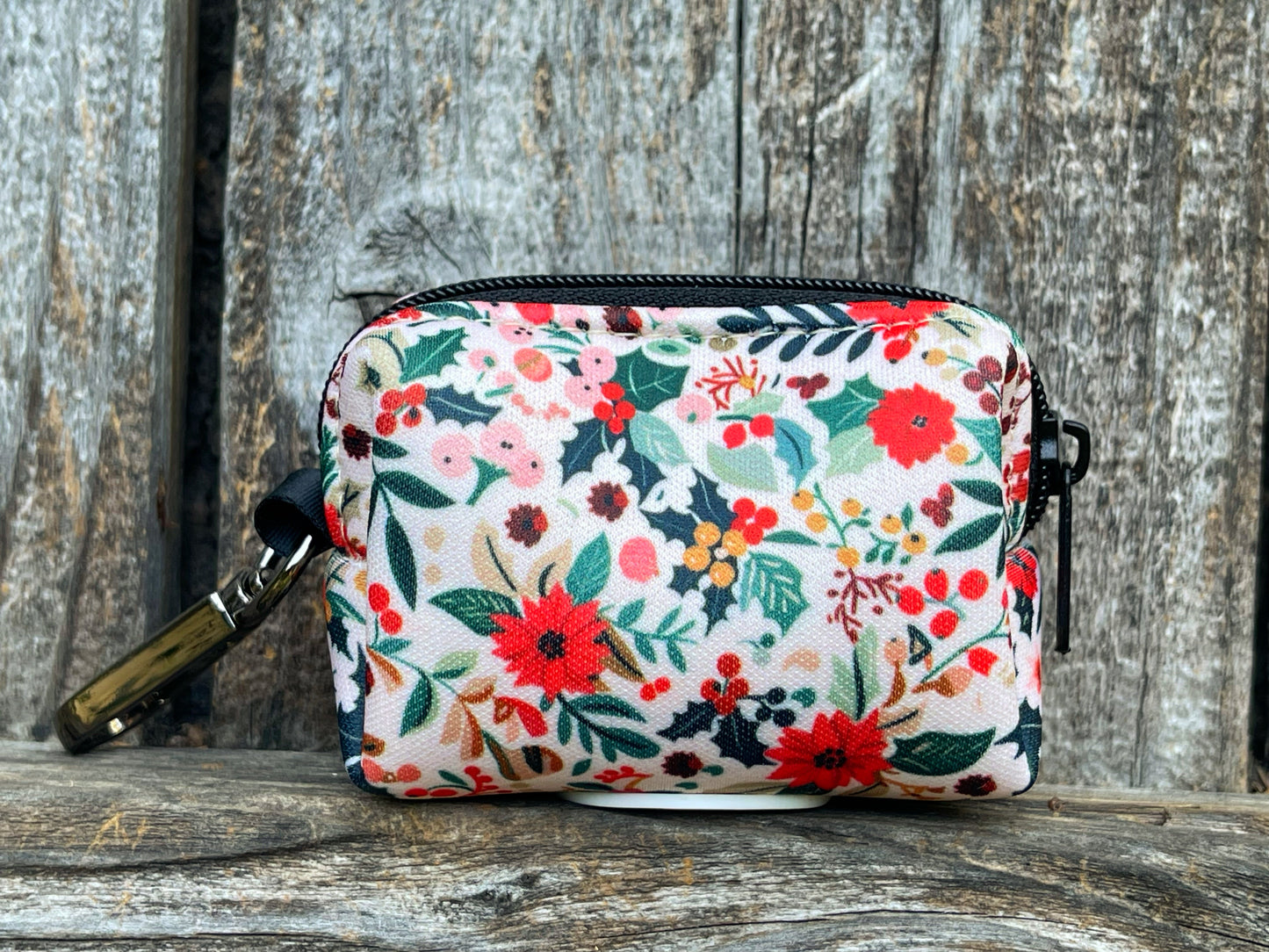 Holiday Floral Dog Poop Bag Holder – Winter Botanical Print – Recycled Waste Bag Dispenser