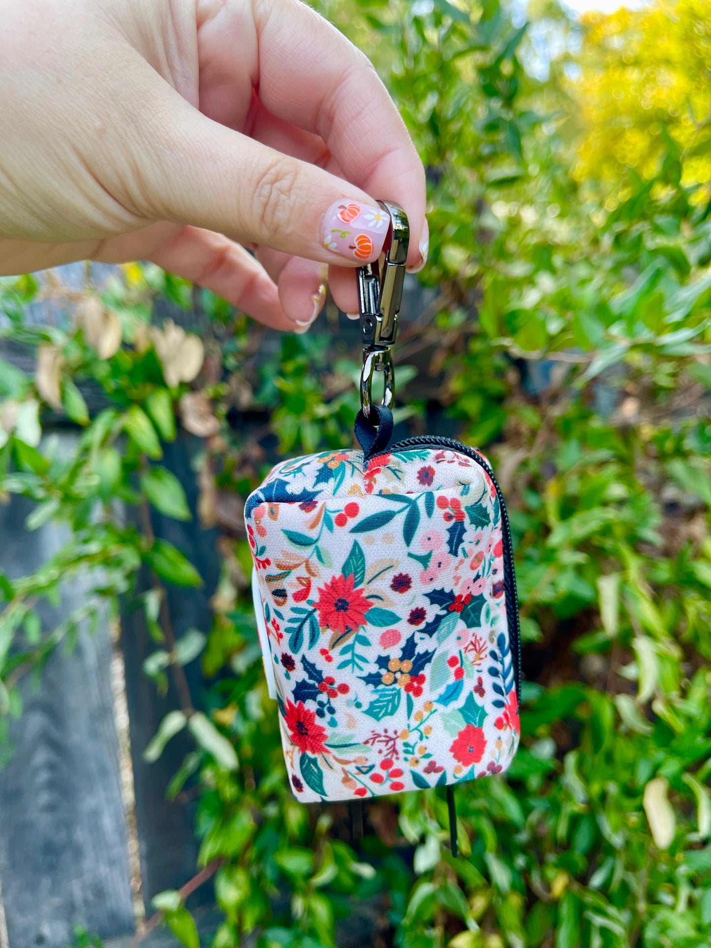 Holiday Floral Dog Poop Bag Holder – Winter Botanical Print – Recycled Waste Bag Dispenser