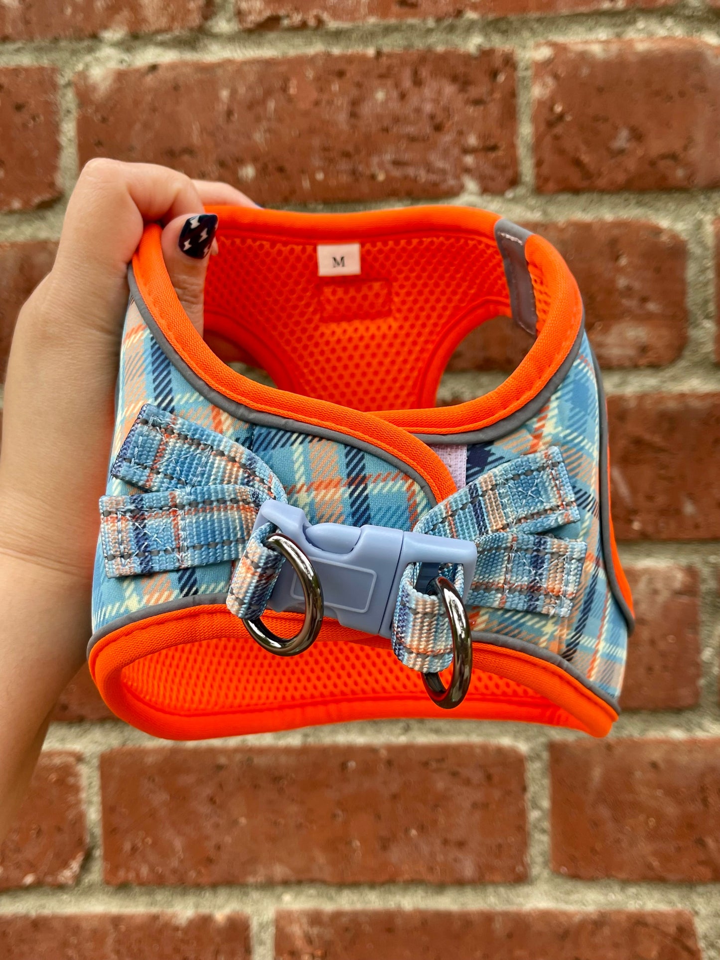 Murphy Dog Harness – Blue & Orange Plaid – No Pull Vest for Small Dogs & Cats