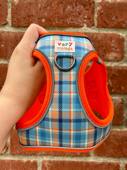 Murphy Dog Harness – Blue & Orange Plaid – No Pull Vest for Small Dogs & Cats