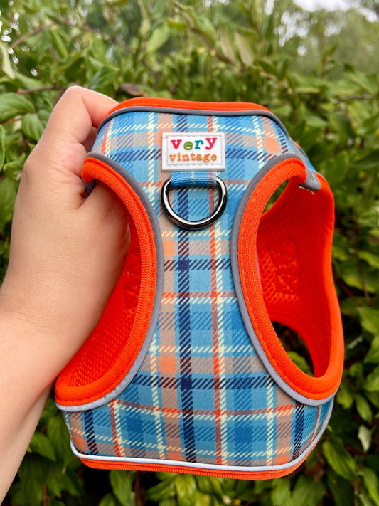 Murphy Dog Harness – Blue & Orange Plaid – No Pull Vest for Small Dogs & Cats