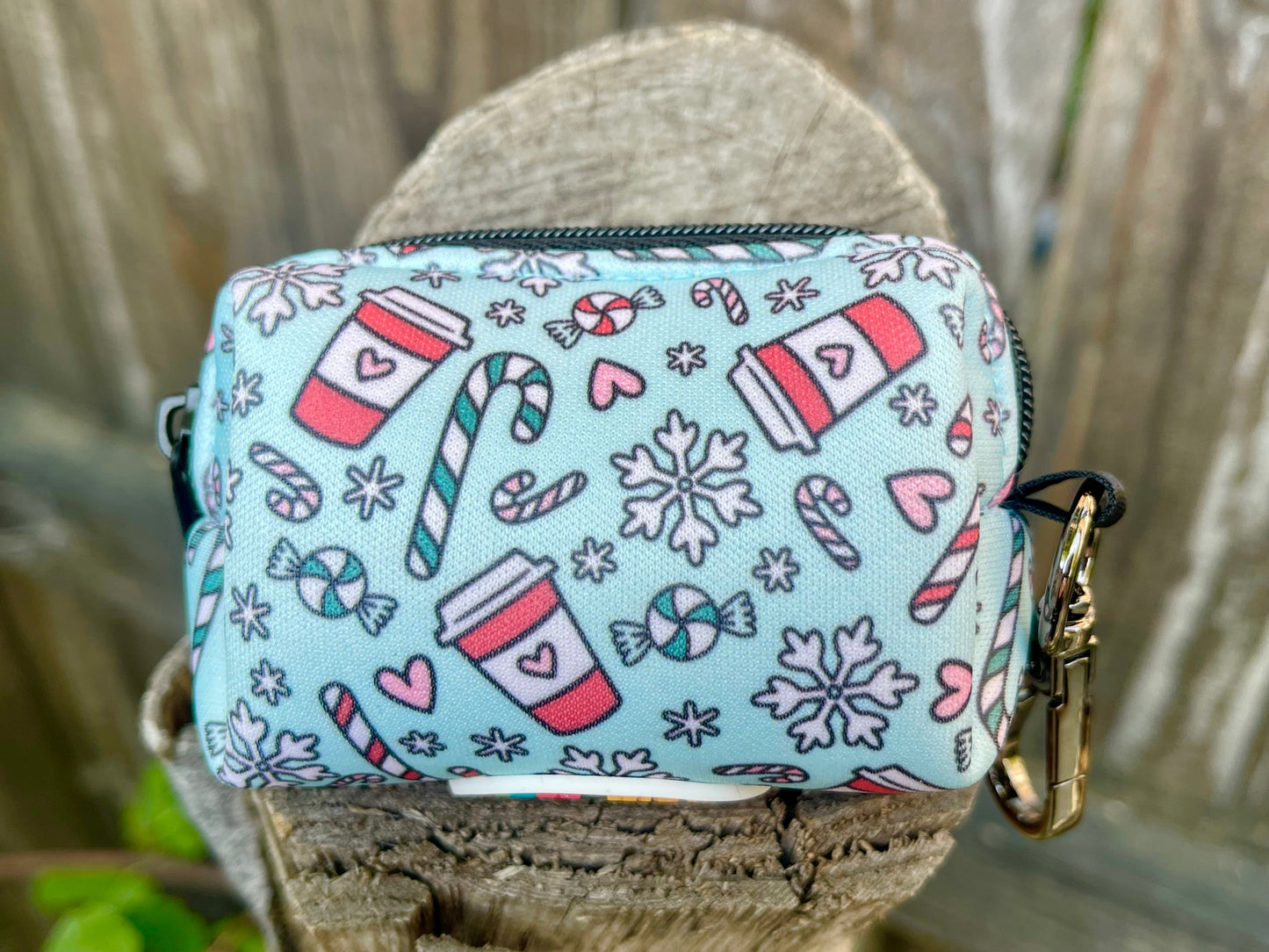 Peppermint Mocha Poop Bag Holder – Holiday Coffee & Candy Cane Print – Recycled Waste Bag Dispenser