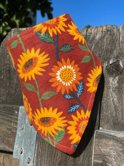 Sunny Harvest Dog Bandana – Fall Sunflower Print – Eco-Friendly Snap-On Pet Scarf – Made in the USA
