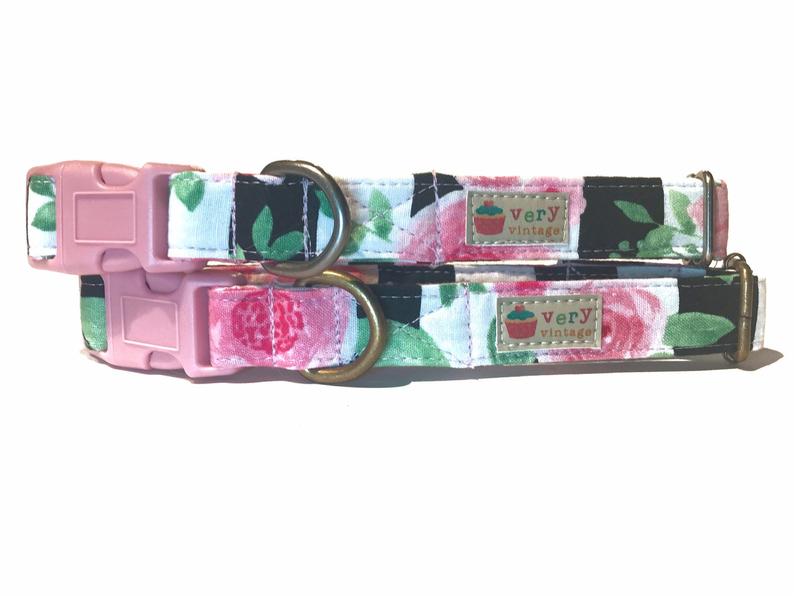 Rose Garden – Pink Floral Dog & Cat Collar – Vintage Stripes – Organic Cotton – Handmade in the USA