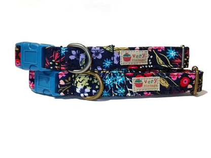 Wanderlust – Floral Dog & Cat Collar – Bright Wildflowers on Navy – Organic Cotton – Handmade in the USA