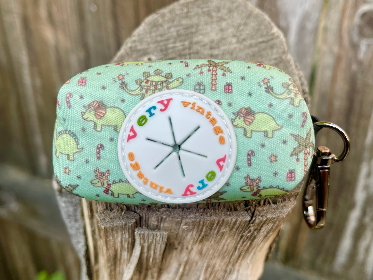 Christmas Dinos Poop Bag Holder – Mint Green Dinosaur Holiday Print – Recycled Waste Bag Dispenser