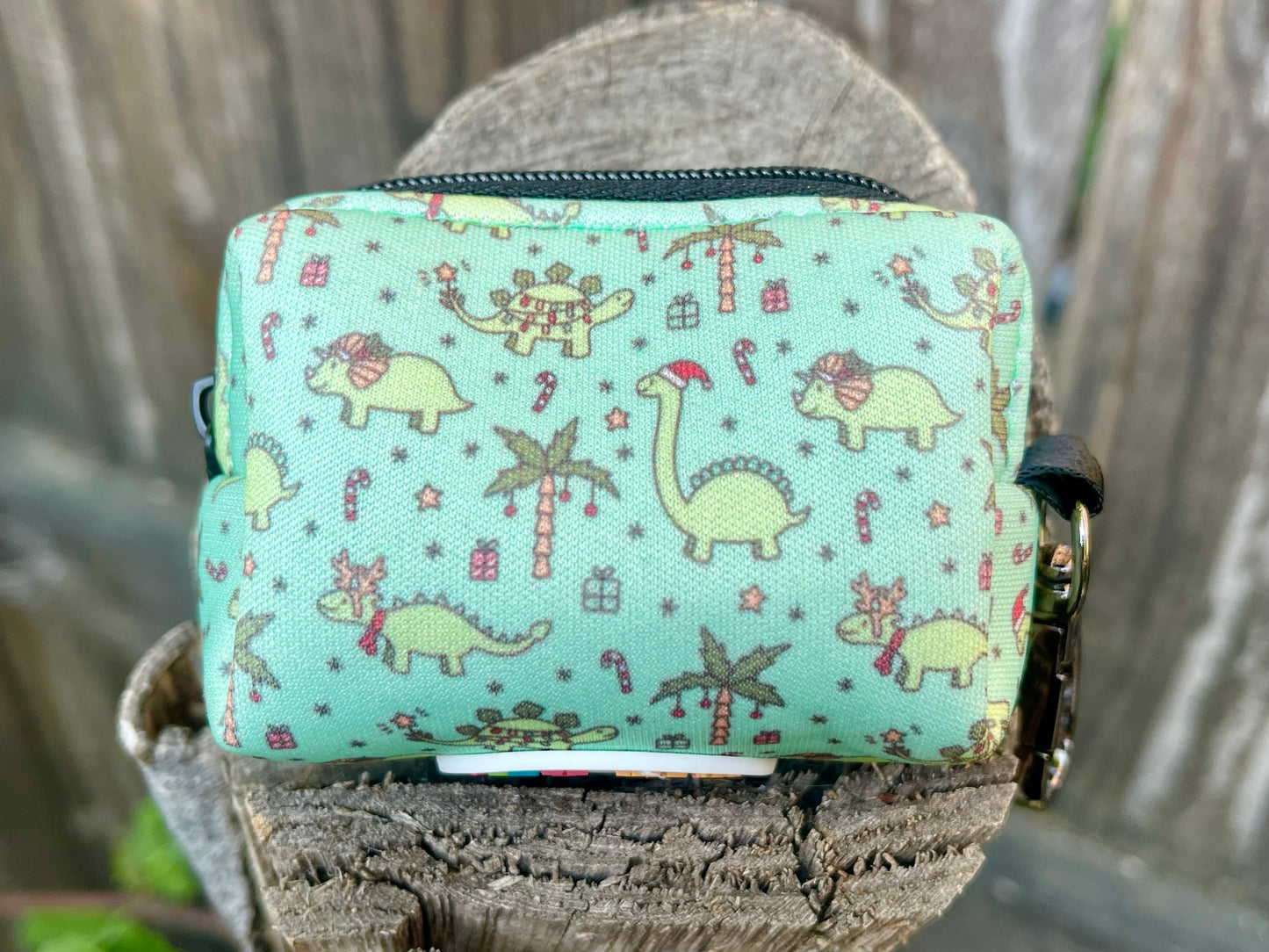 Christmas Dinos Poop Bag Holder – Mint Green Dinosaur Holiday Print – Recycled Waste Bag Dispenser