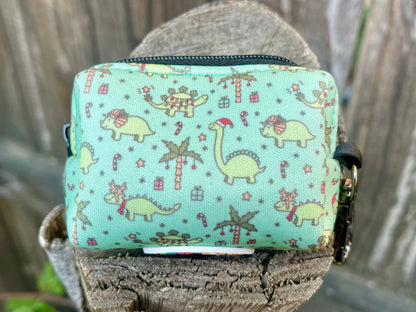 Christmas Dinos Poop Bag Holder – Mint Green Dinosaur Holiday Print – Recycled Waste Bag Dispenser