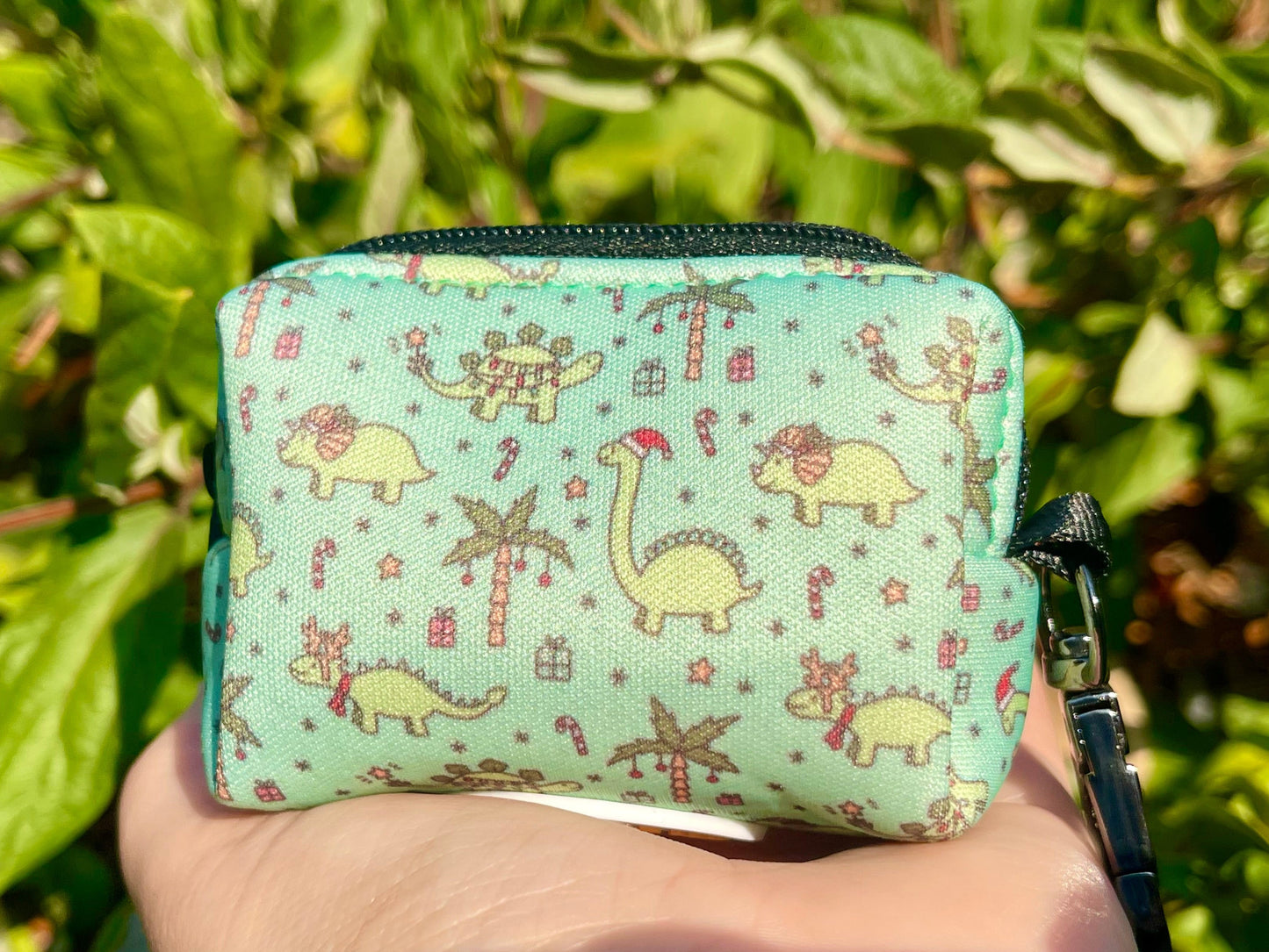 Christmas Dinos Poop Bag Holder – Mint Green Dinosaur Holiday Print – Recycled Waste Bag Dispenser