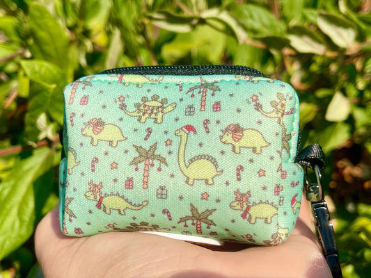 Christmas Dinos Poop Bag Holder – Mint Green Dinosaur Holiday Print – Recycled Waste Bag Dispenser