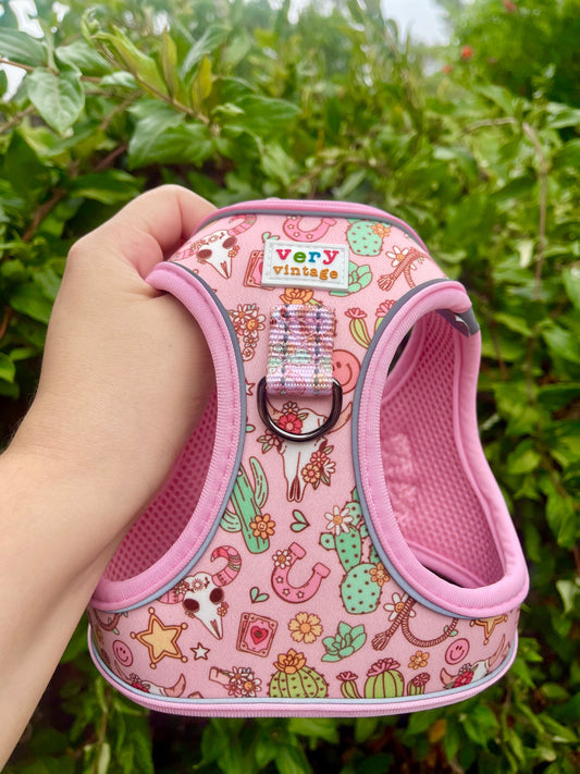 Desert Darling Dog Harness – Pink Western Cactus Print – No Pull Step In Vest for Small Dogs & Cats