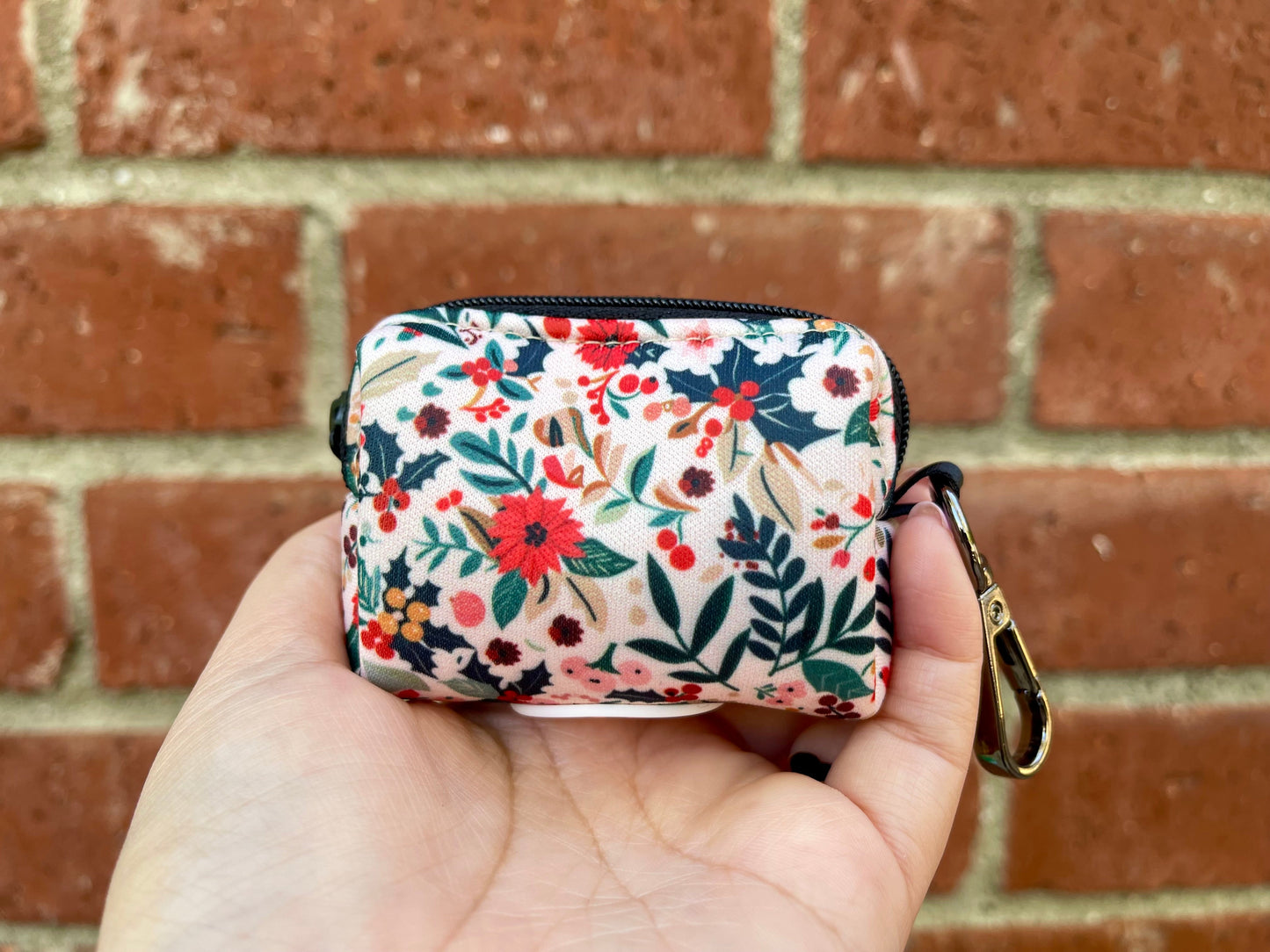 Holiday Floral Dog Poop Bag Holder – Winter Botanical Print – Recycled Waste Bag Dispenser