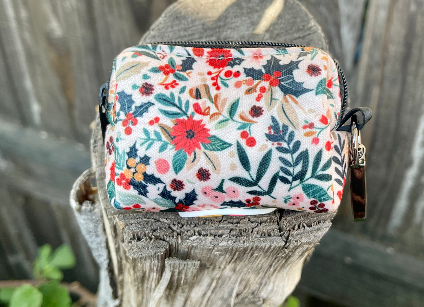 Holiday Floral Dog Poop Bag Holder – Winter Botanical Print – Recycled Waste Bag Dispenser