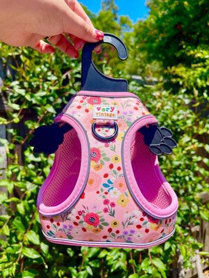 Garden Party Dog Harness – Pink Floral Print – No Pull Vest for Small Dogs & Cats