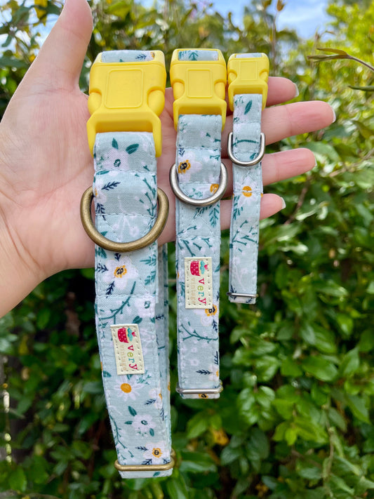 Dogwood – Soft Floral Dog & Cat Collar – Gray with White & Yellow Flowers – Organic Cotton – Handmade in the USA