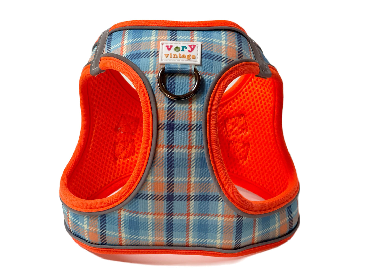 Murphy Dog Harness – Blue & Orange Plaid – No Pull Vest for Small Dogs & Cats