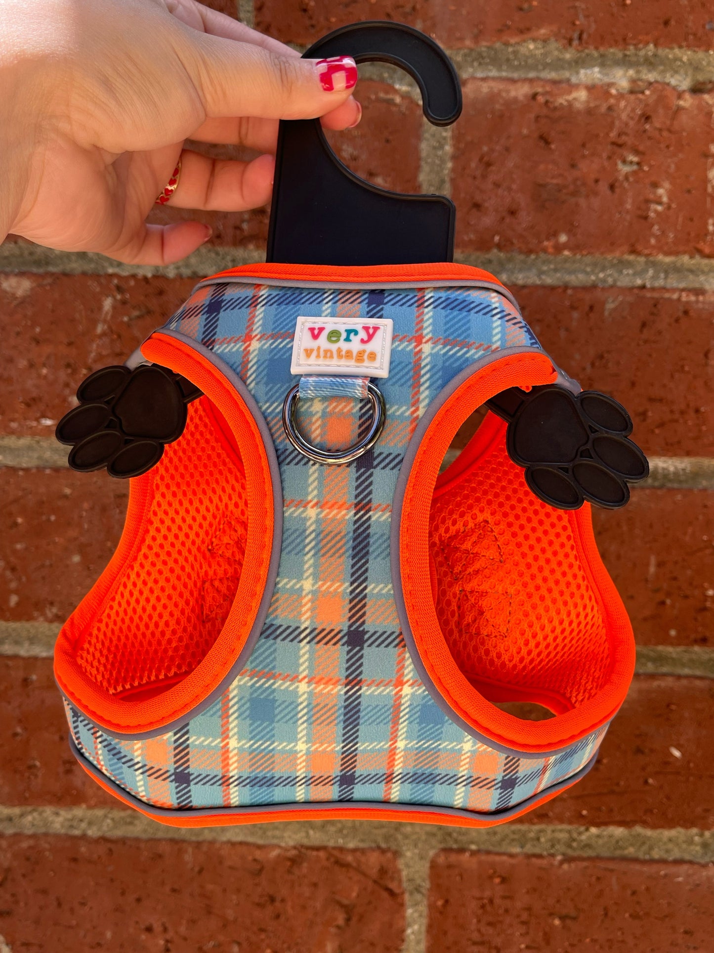Murphy Dog Harness – Blue & Orange Plaid – No Pull Vest for Small Dogs & Cats