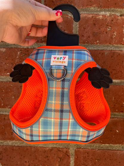 Murphy Dog Harness – Blue & Orange Plaid – No Pull Vest for Small Dogs & Cats
