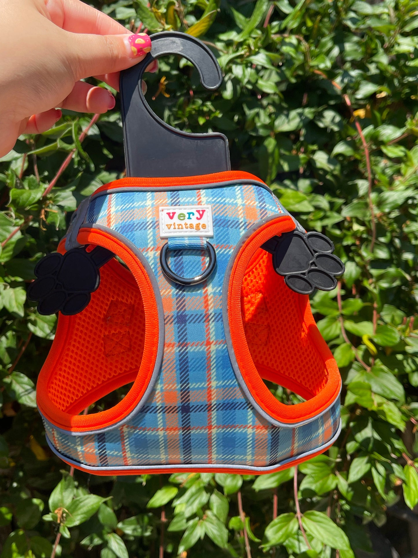 Murphy Dog Harness – Blue & Orange Plaid – No Pull Vest for Small Dogs & Cats