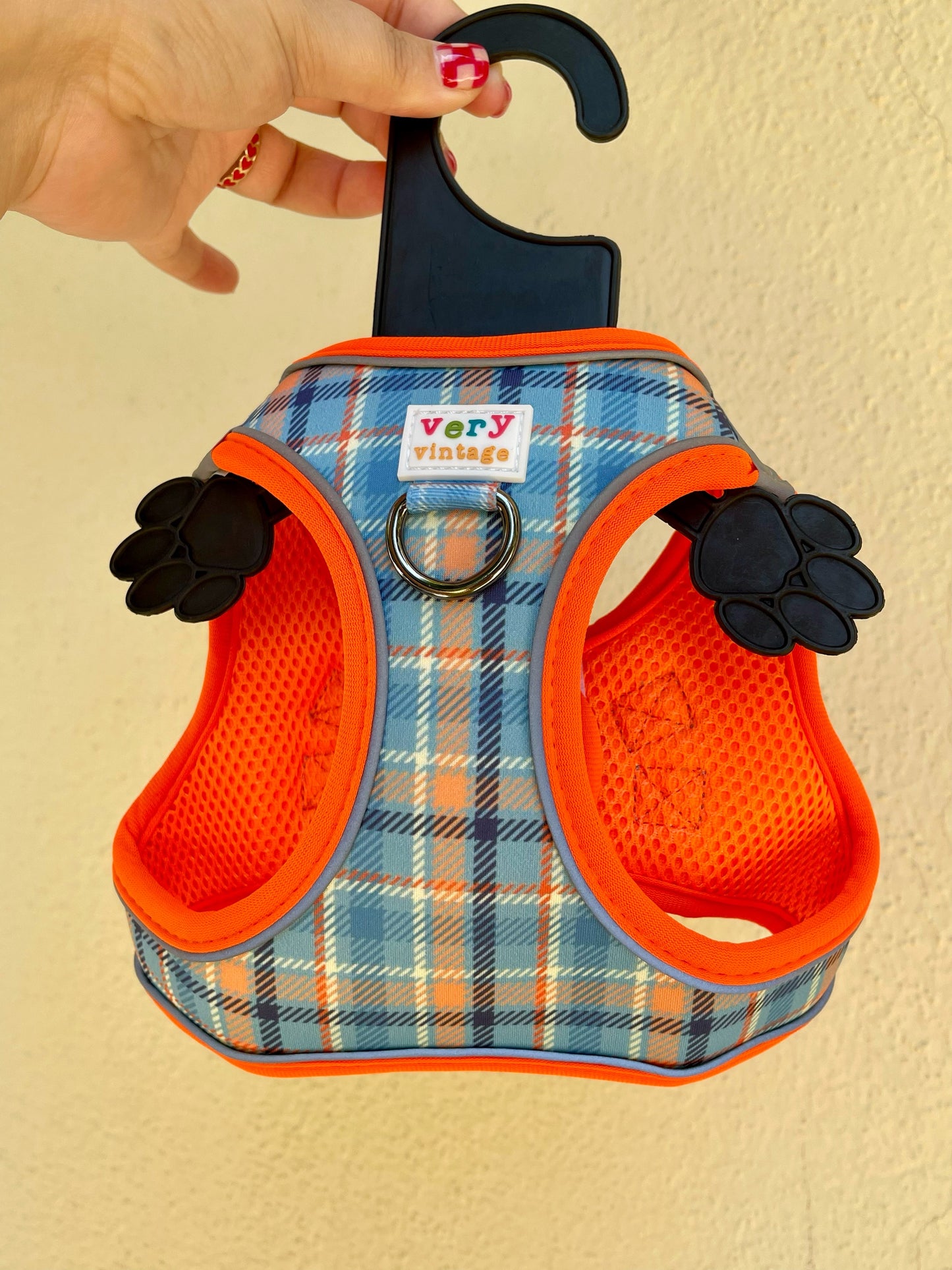 Murphy Dog Harness – Blue & Orange Plaid – No Pull Vest for Small Dogs & Cats