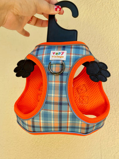 Murphy Dog Harness – Blue & Orange Plaid – No Pull Vest for Small Dogs & Cats