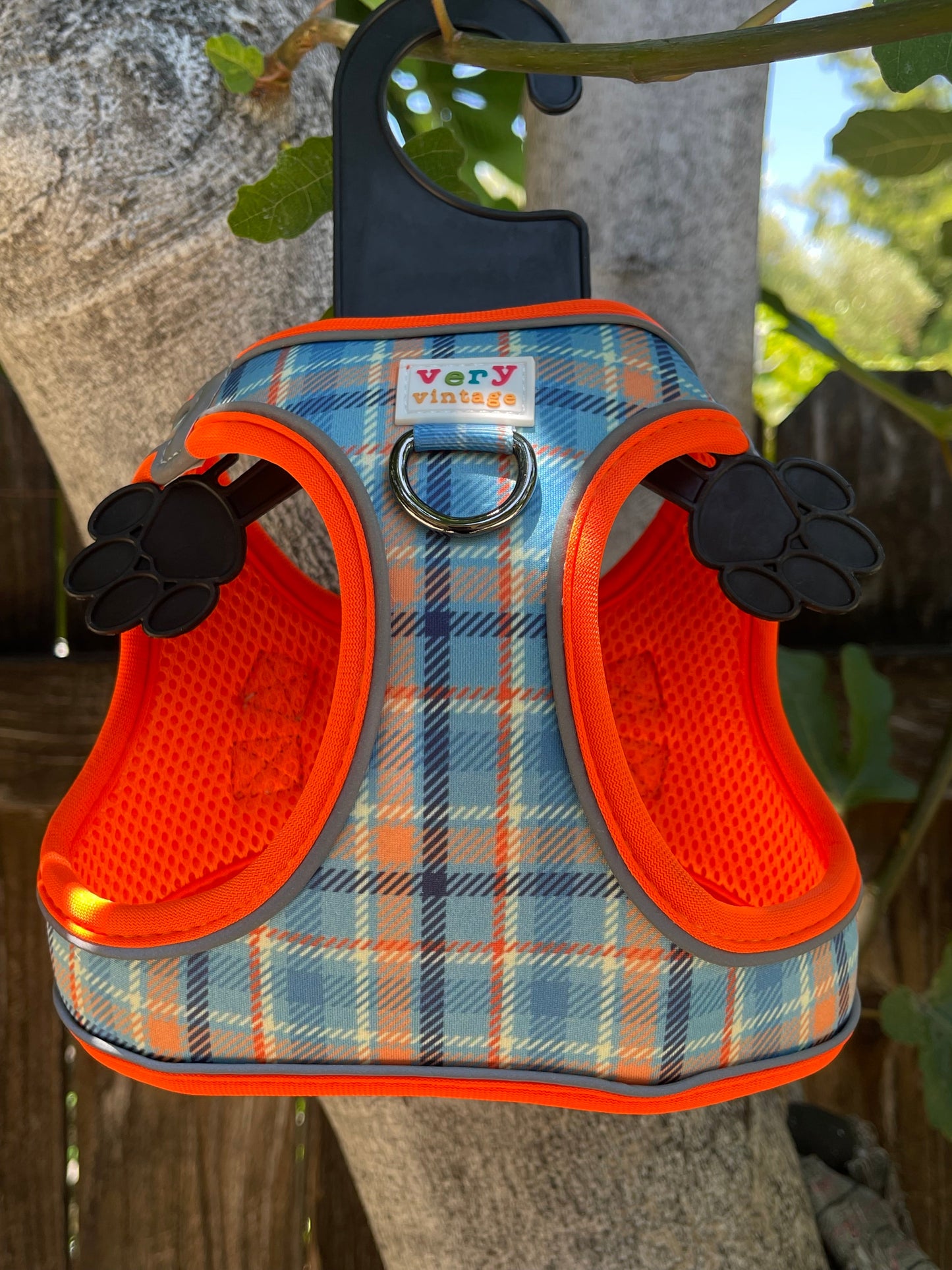 Murphy Dog Harness – Blue & Orange Plaid – No Pull Vest for Small Dogs & Cats