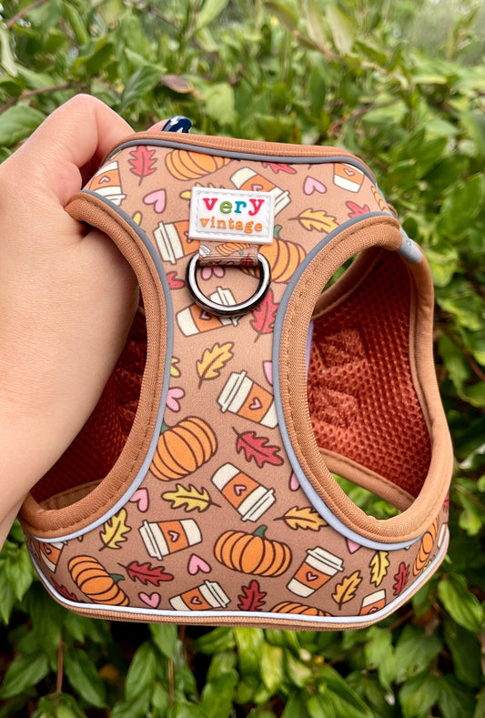 Pumpkin Spice Latte Dog Harness – Fall Coffee Print – No Pull Vest for Small Dogs & Cats
