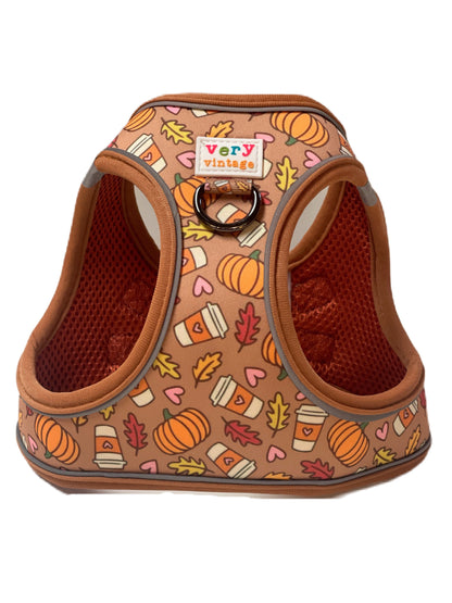 Pumpkin Spice Latte Dog Harness – Fall Coffee Print – No Pull Vest for Small Dogs & Cats