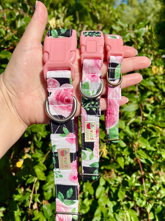 Rose Garden – Pink Floral Dog & Cat Collar – Vintage Stripes – Organic Cotton – Handmade in the USA