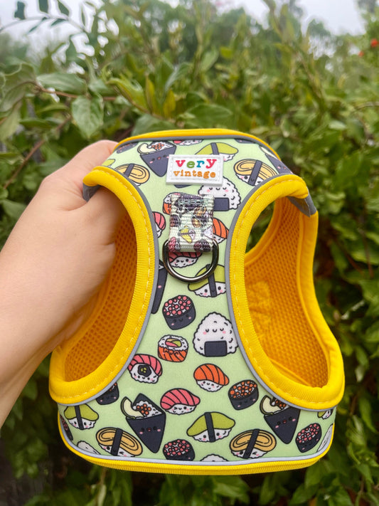 Soy Cute Dog Harness – Green Sushi Print – No Pull Step In Vest for Small Dogs & Cats