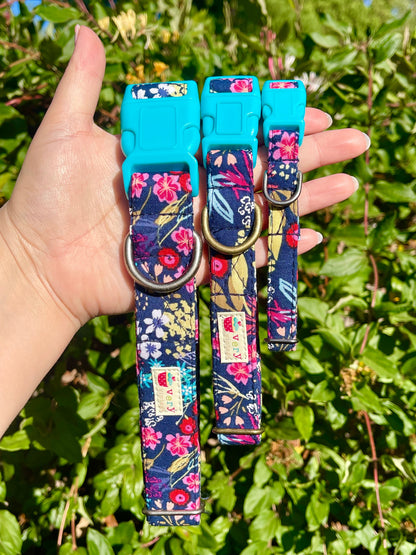 Wanderlust – Floral Dog & Cat Collar – Bright Wildflowers on Navy – Organic Cotton – Handmade in the USA
