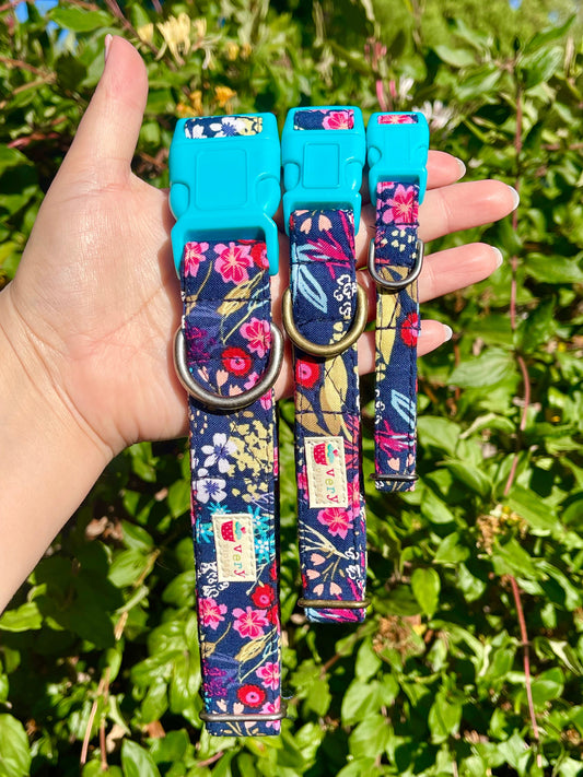 Wanderlust – Floral Dog & Cat Collar – Bright Wildflowers on Navy – Organic Cotton – Handmade in the USA