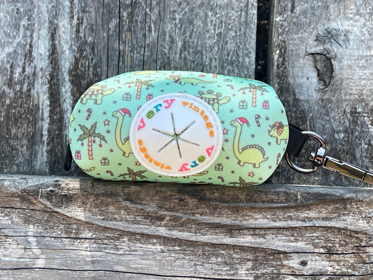 Christmas Dinos Poop Bag Holder – Mint Green Dinosaur Holiday Print – Recycled Waste Bag Dispenser