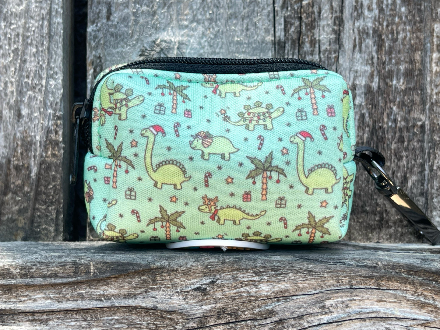 Christmas Dinos Poop Bag Holder – Mint Green Dinosaur Holiday Print – Recycled Waste Bag Dispenser
